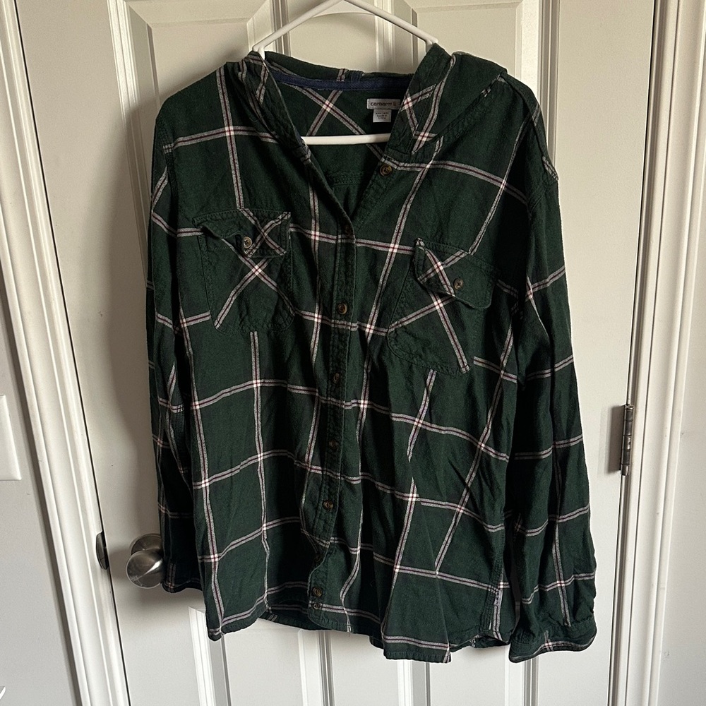 Carhartt Forest Green Plaid Button-Up Hoodie Shirt
